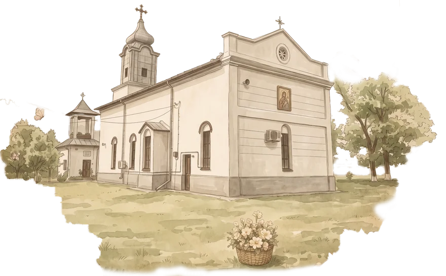 Biserica Adormirea Maicii Domnului din Căciulați, în ilustrație, biserica albă cu turlă în formă de bulb, clopotnița alături și un coș de flori în prim-plan